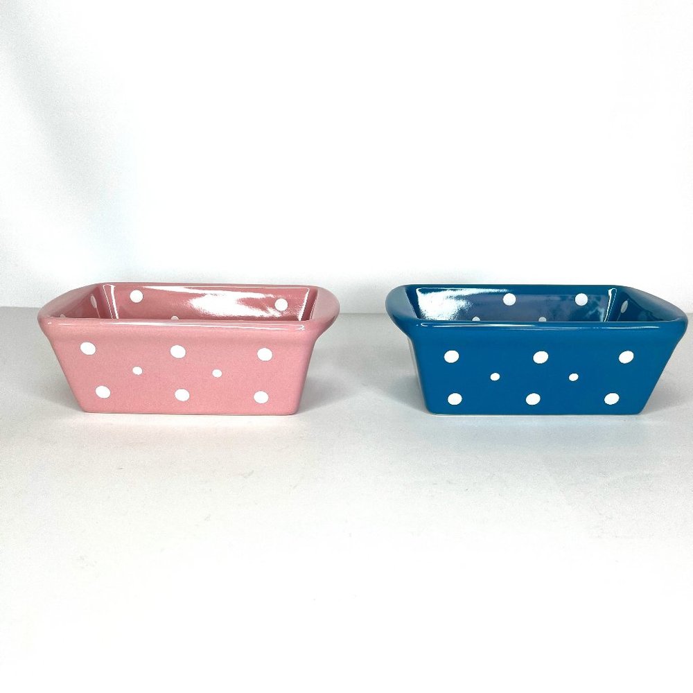 Temptations by Tara 2 Mini Loaf Pan 12.oz Baking Dishes Polka Dot Pink/Blue Wht